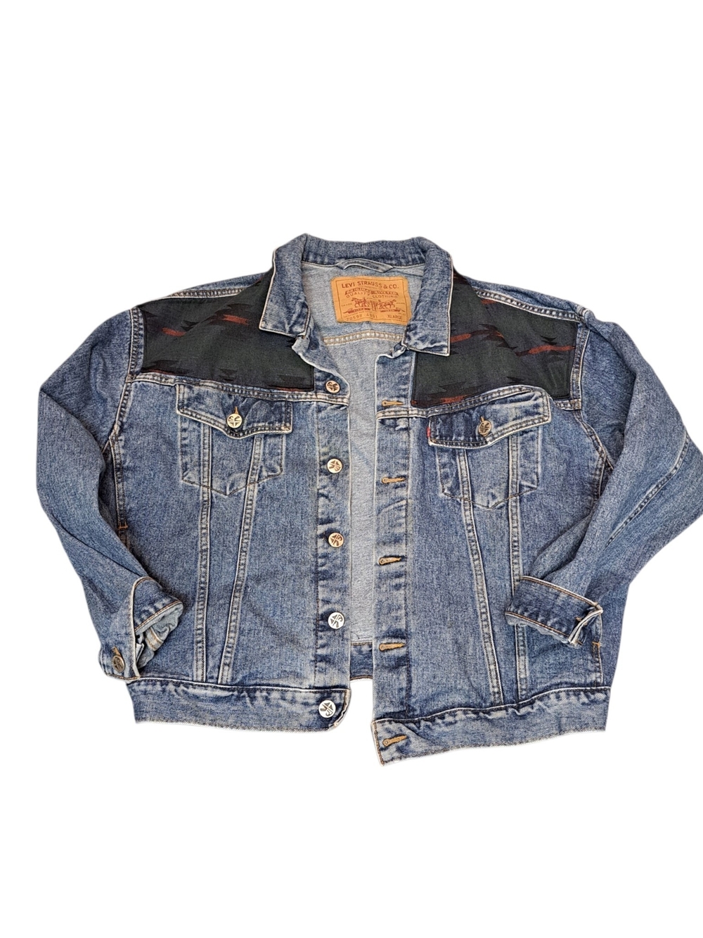 Levi’s Vintage XL Denim Trucker Jacket Southwestern Aztec Fabric Panels 70598 - Picture 4 of 14